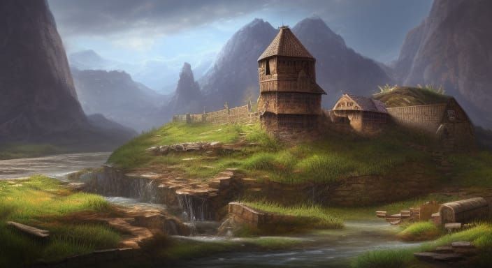 Fantasy Roman Fort on Rocky Riverbank