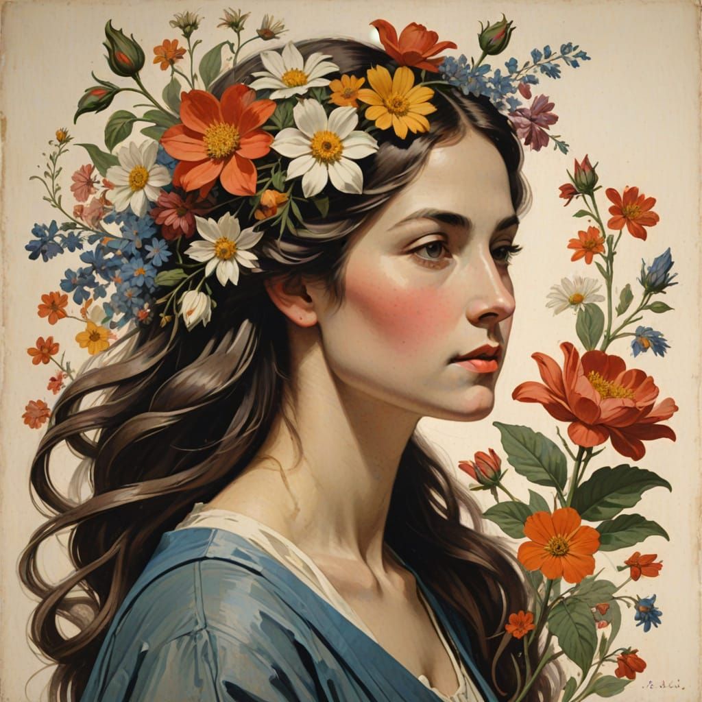 Ethereal Woman Blended with Flowers and Ivy