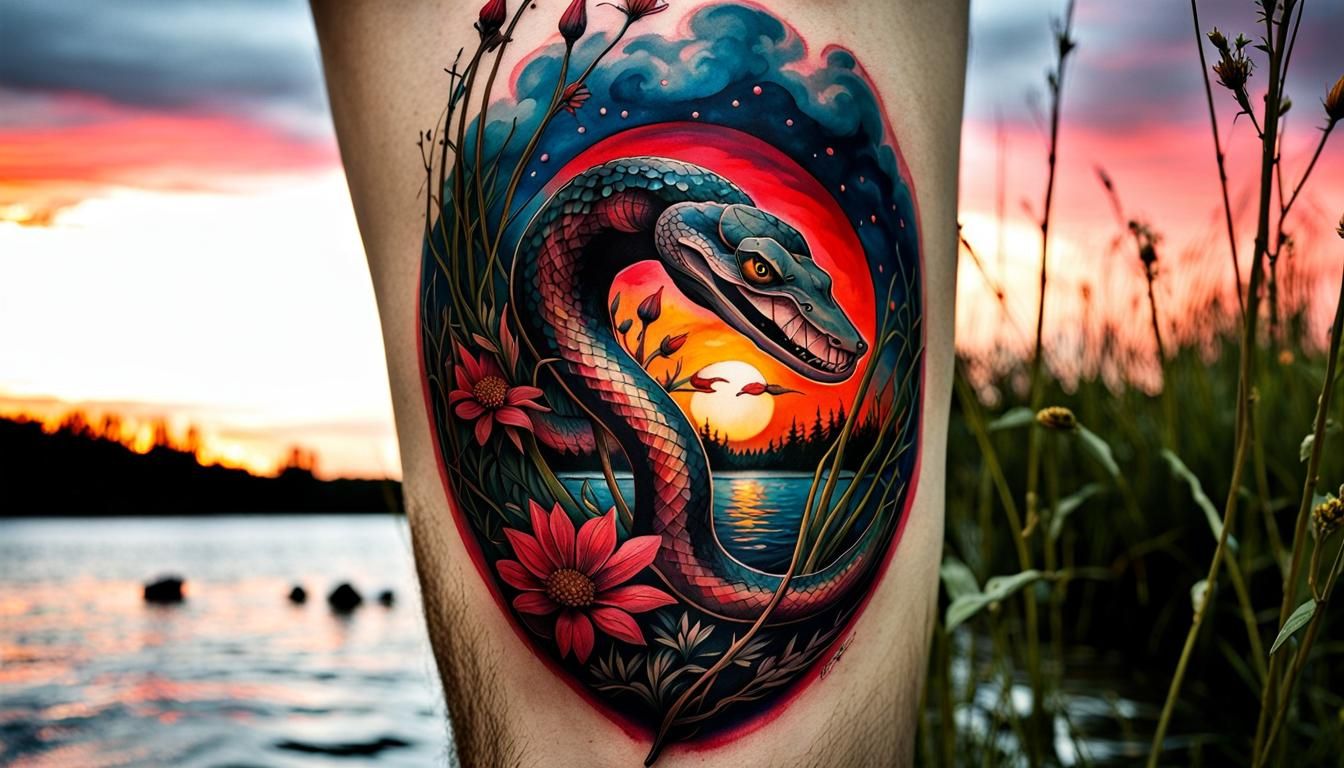 Sailboat Snake Tattoo: Vibrant Color Print Art