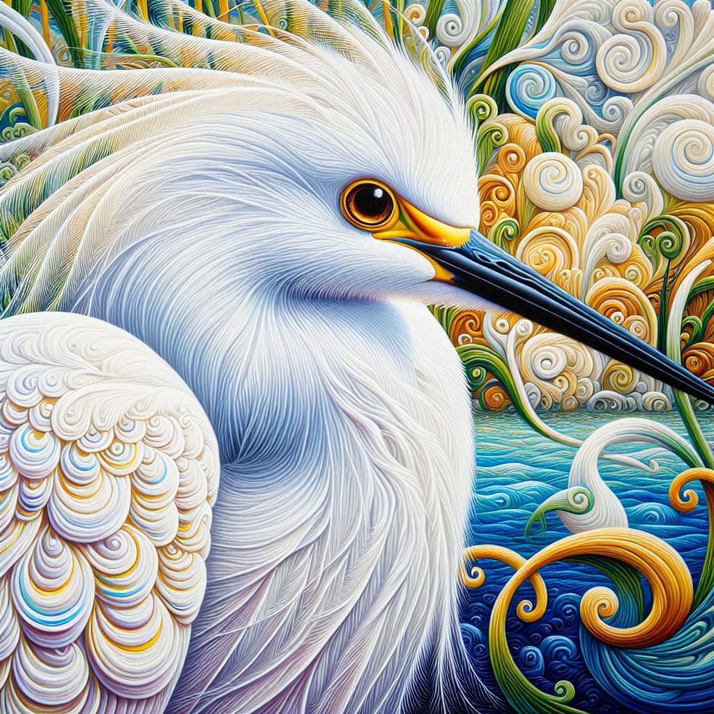 Snowy Egret in Detailed 19th Century Oil Painting