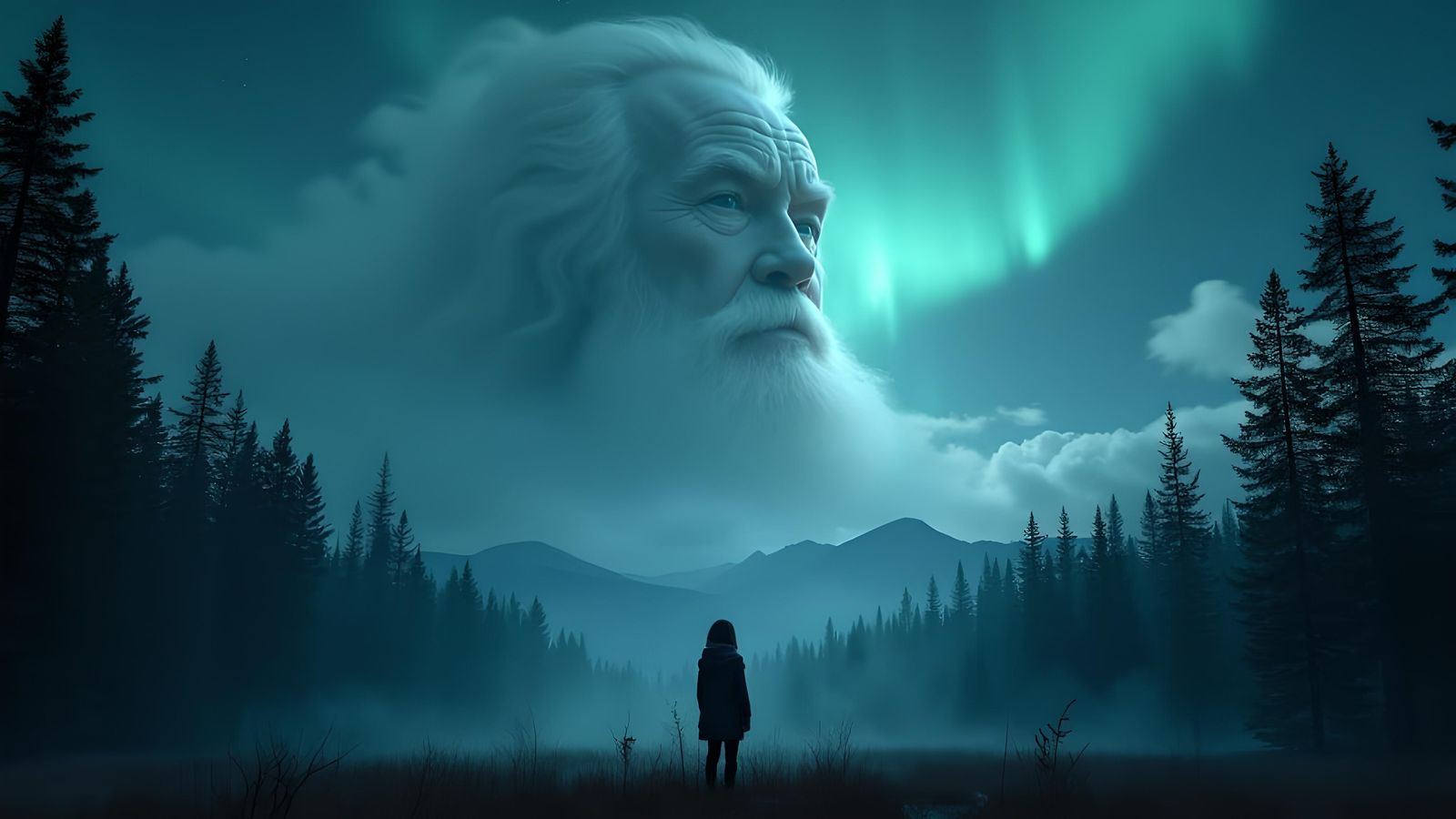 Night Landscape with Northern Lights and Girl