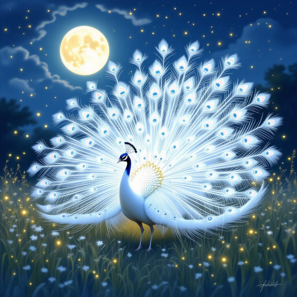 Ethereal White Peacock in Moonlit Meadow