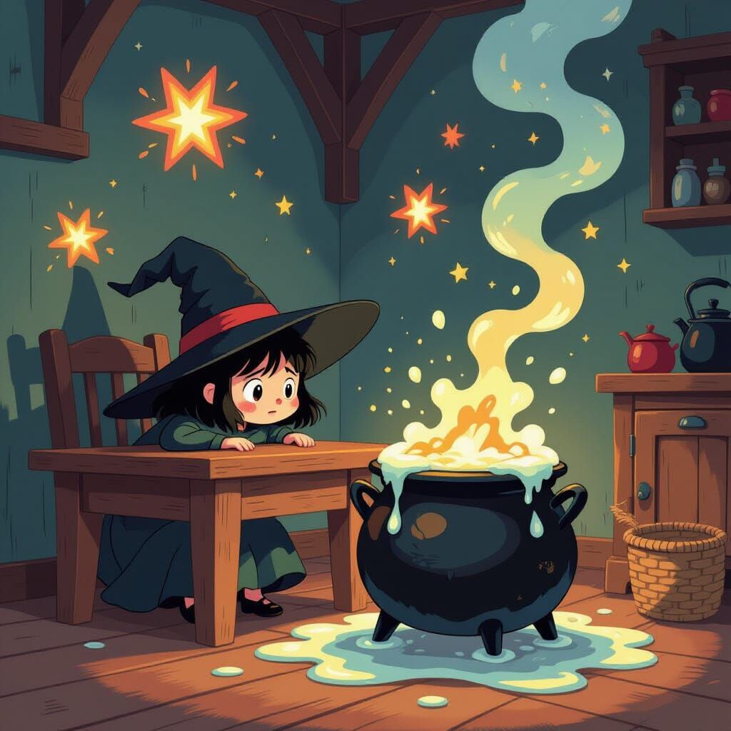 Ghibli Witch Hides Under Table Amidst Magical Chaos