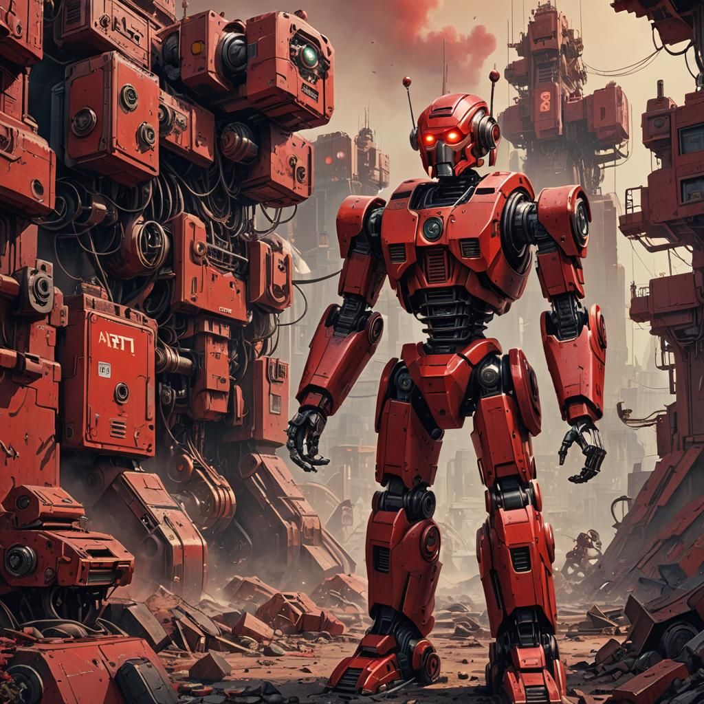 Robot Pin-Up Art: Detailed Matte Painting in Red