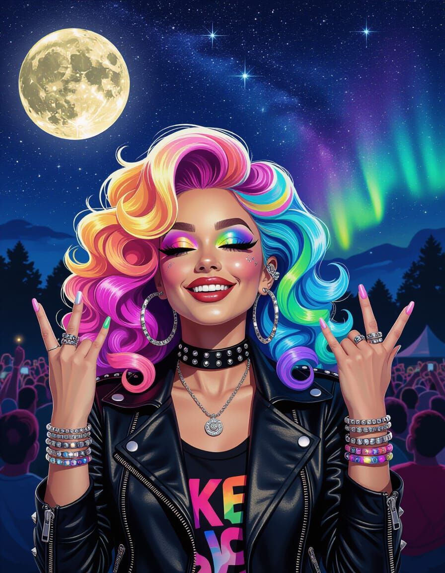 Magical Realism Rocker Girl Under Starry Night Sky