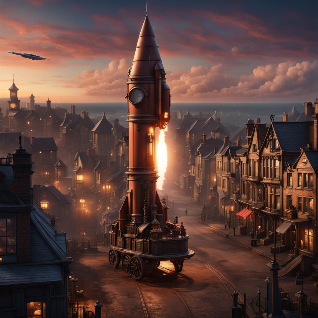 Steampunk Rocket Launching from Victorian Town