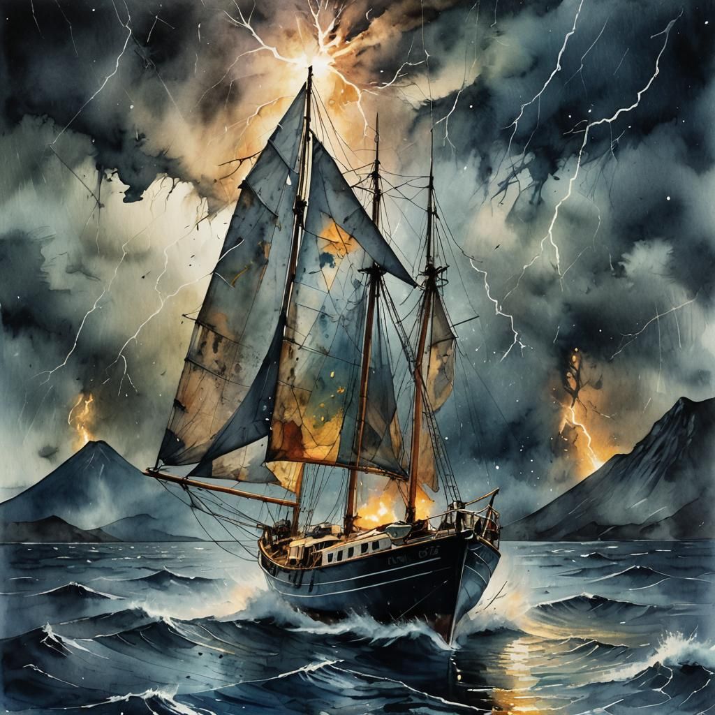 Sailboat Battles Lightning Storm in Mixed Media