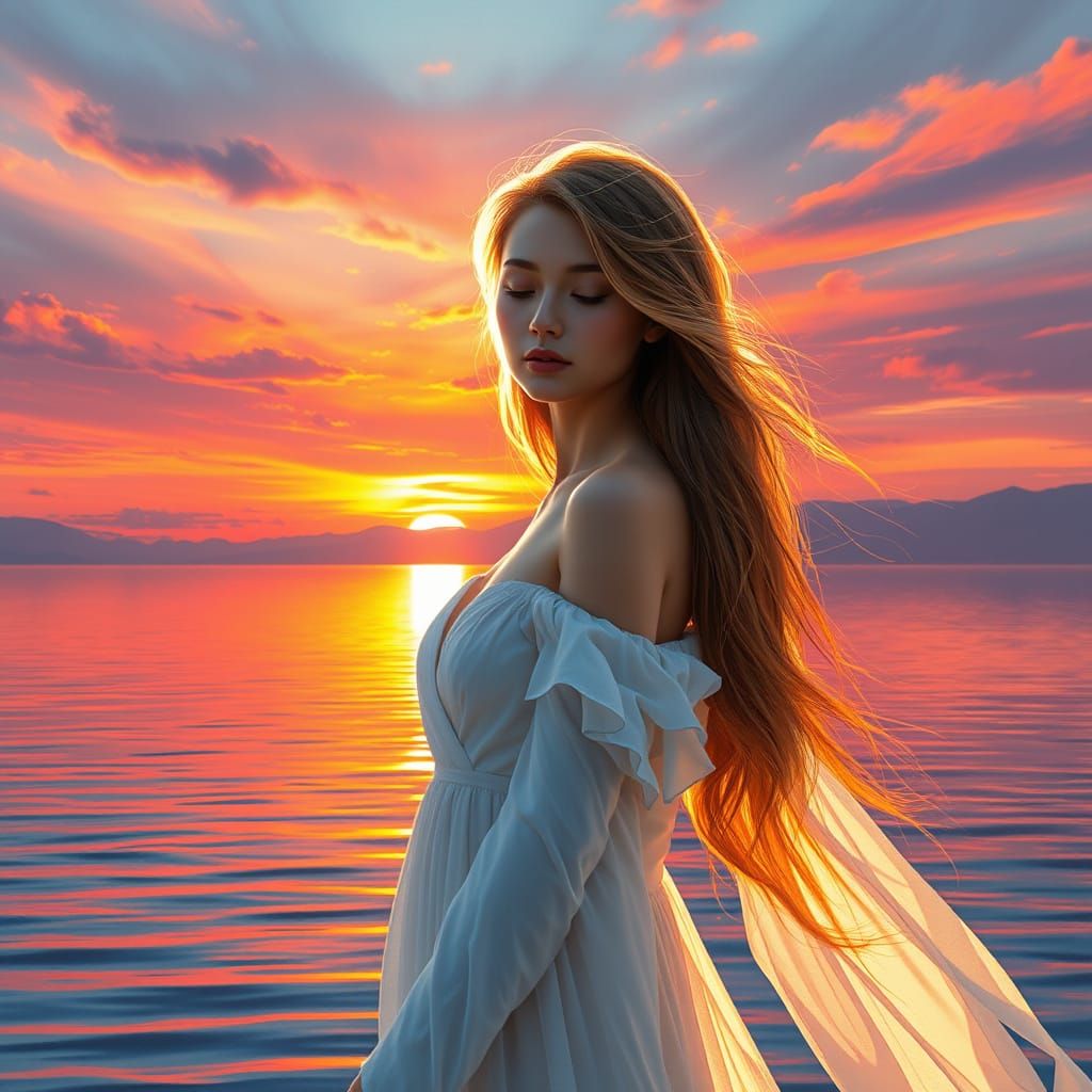 Serene Woman at Sunrise on Tranquil Lake