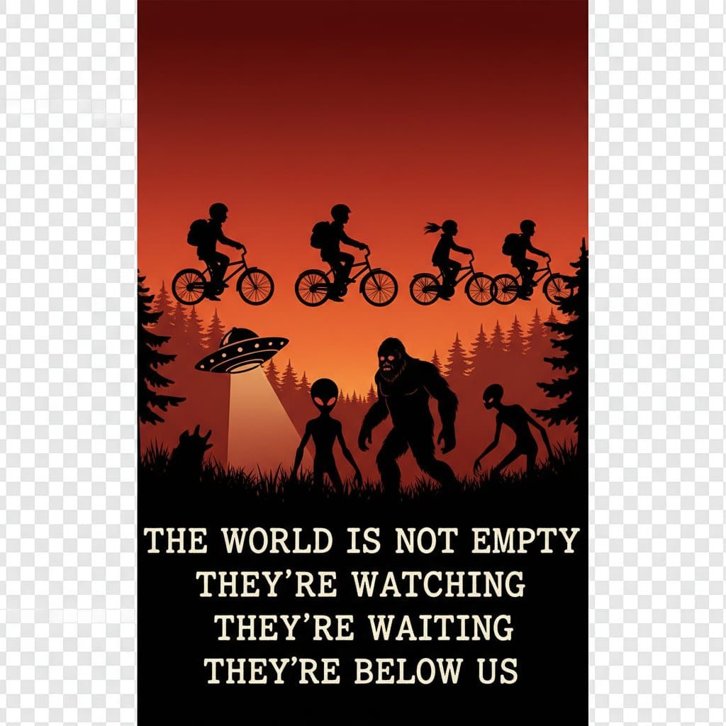 Retro Silhouette Art: Kids Bike Ride & Mythic Creatures