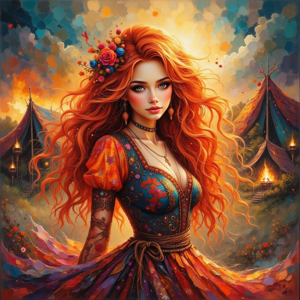 Redhead Anime Girl Dancing by Firelight