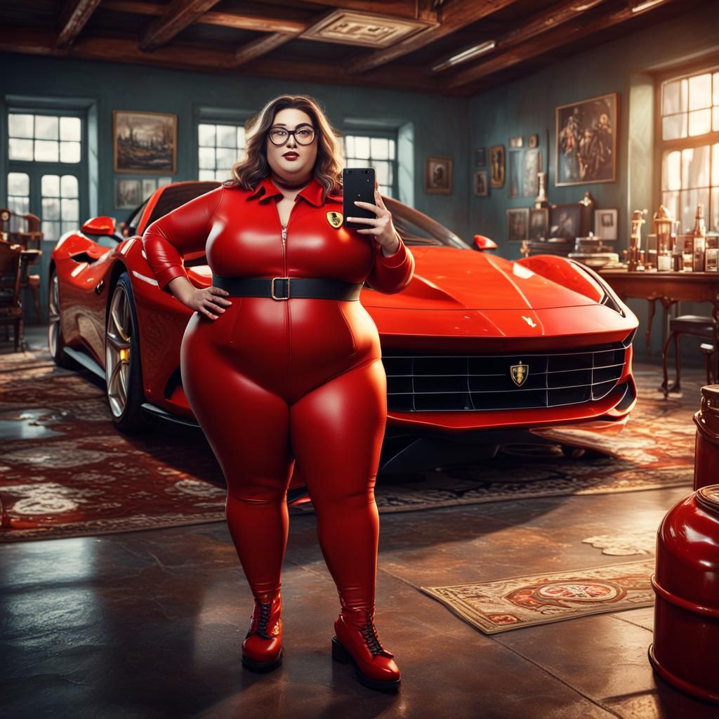 Girl in Ferrari Suit Posing for Selfie: Detailed Digital Art