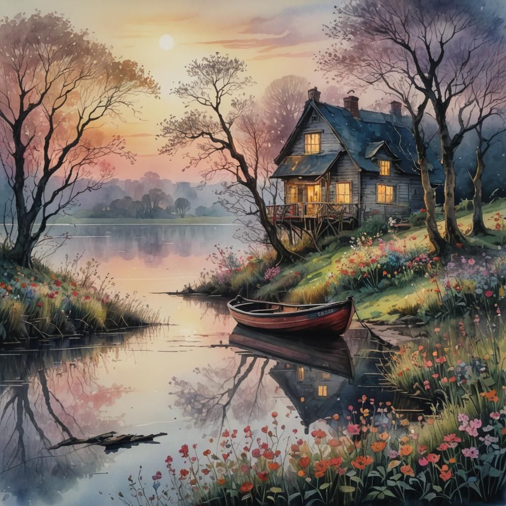 Weathered Boat at Dawn: Watercolour and Ink Painting