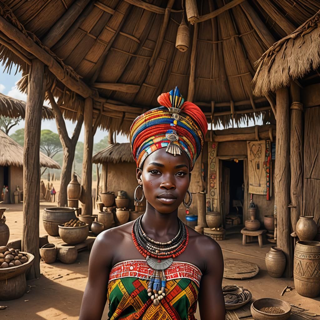 African Princess in Village Hut, Photorealistic Art