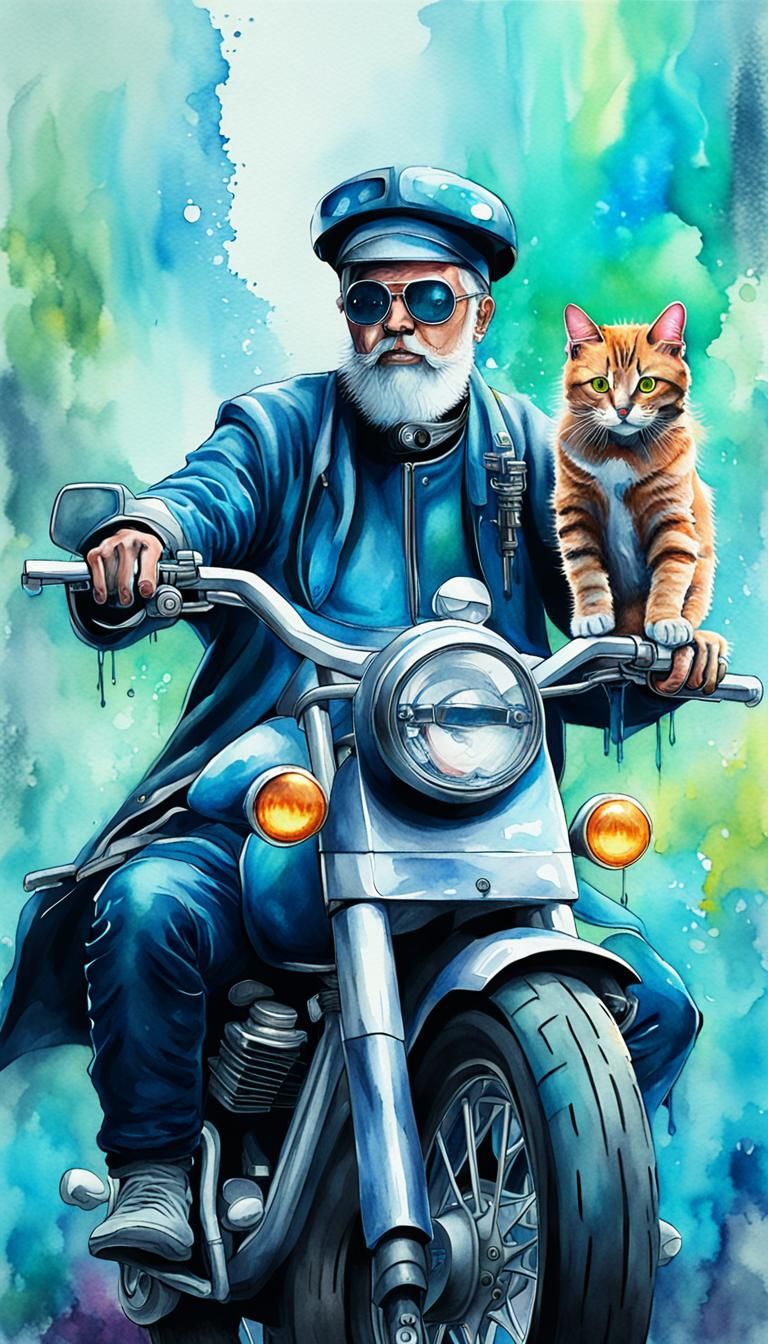 Wizard on Motorcycle with Cat: Banksy Watercolor