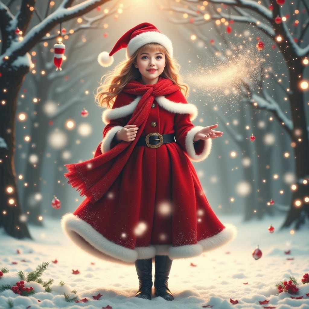 Smiling Woman in Snowy Garden at Christmas