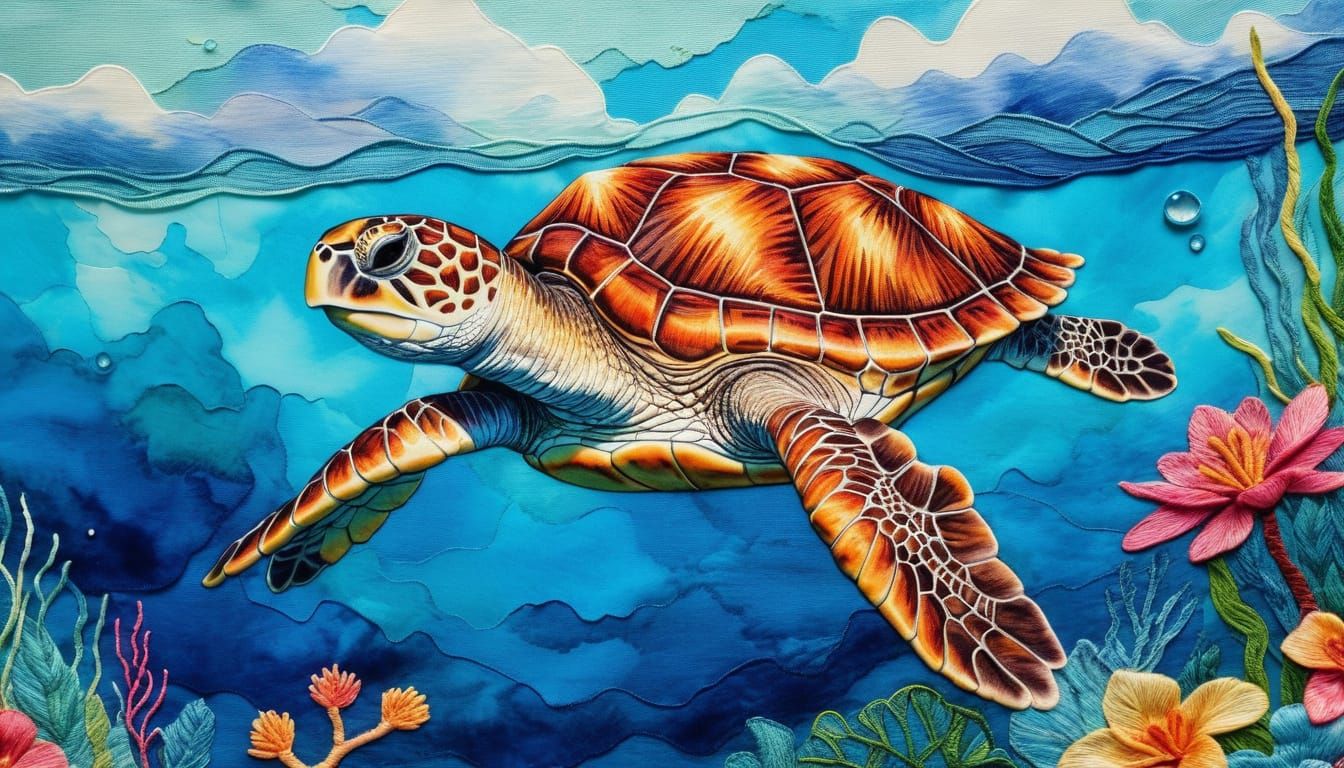 Tropical Sea Turtle in Embroidered Watercolor Style