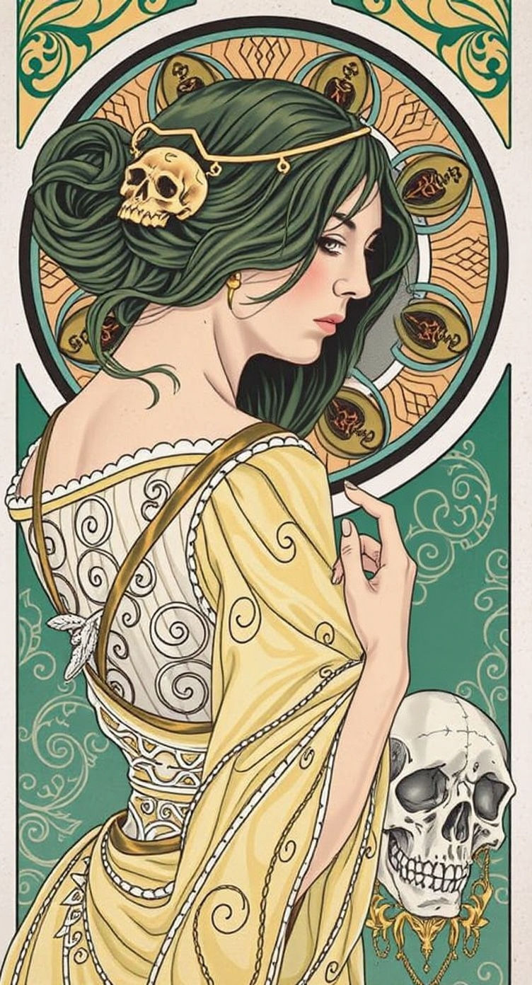 Gaunt Woman with Skull in Alphonse Mucha Style