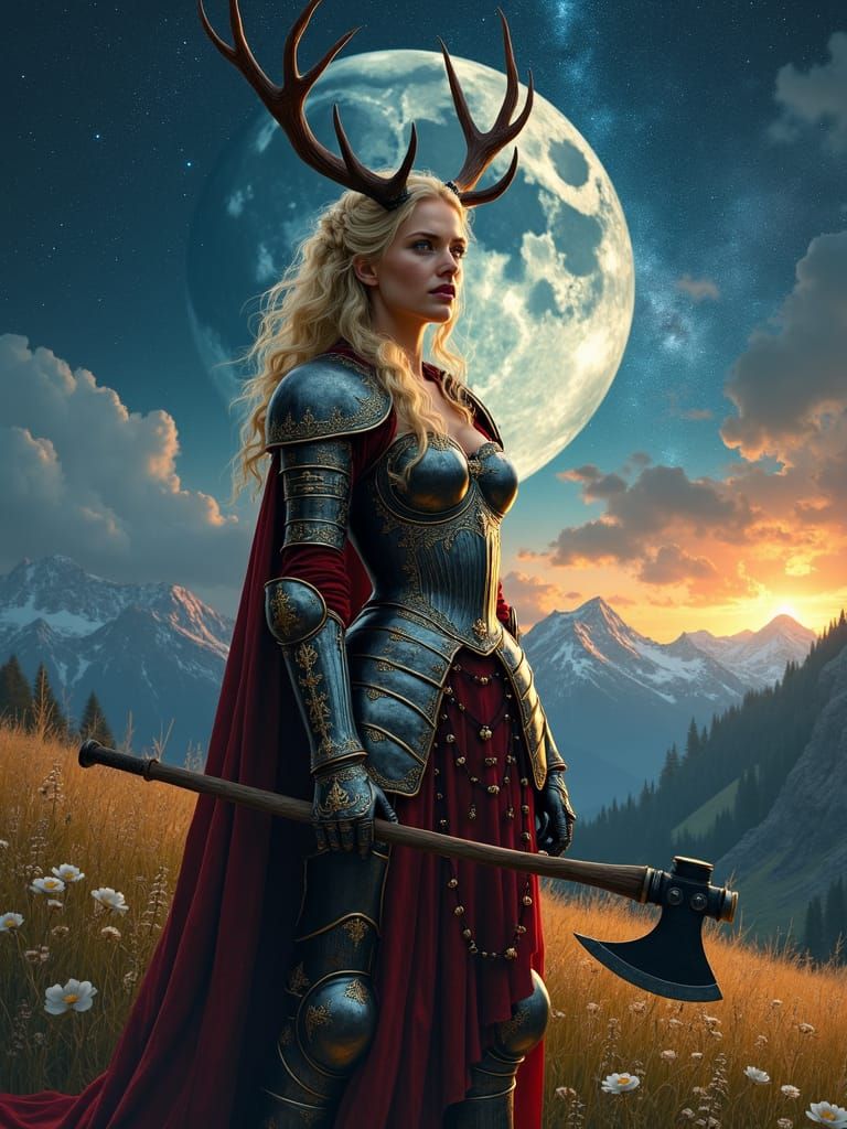 Woman with Stag Antlers Under Moonlit Sky