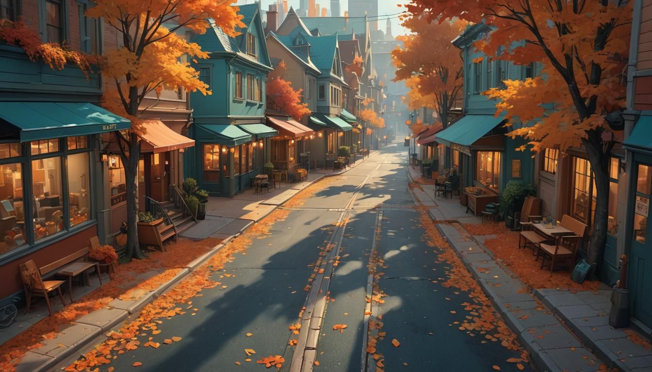 Autumnal Town Street in Atmospheric Realism