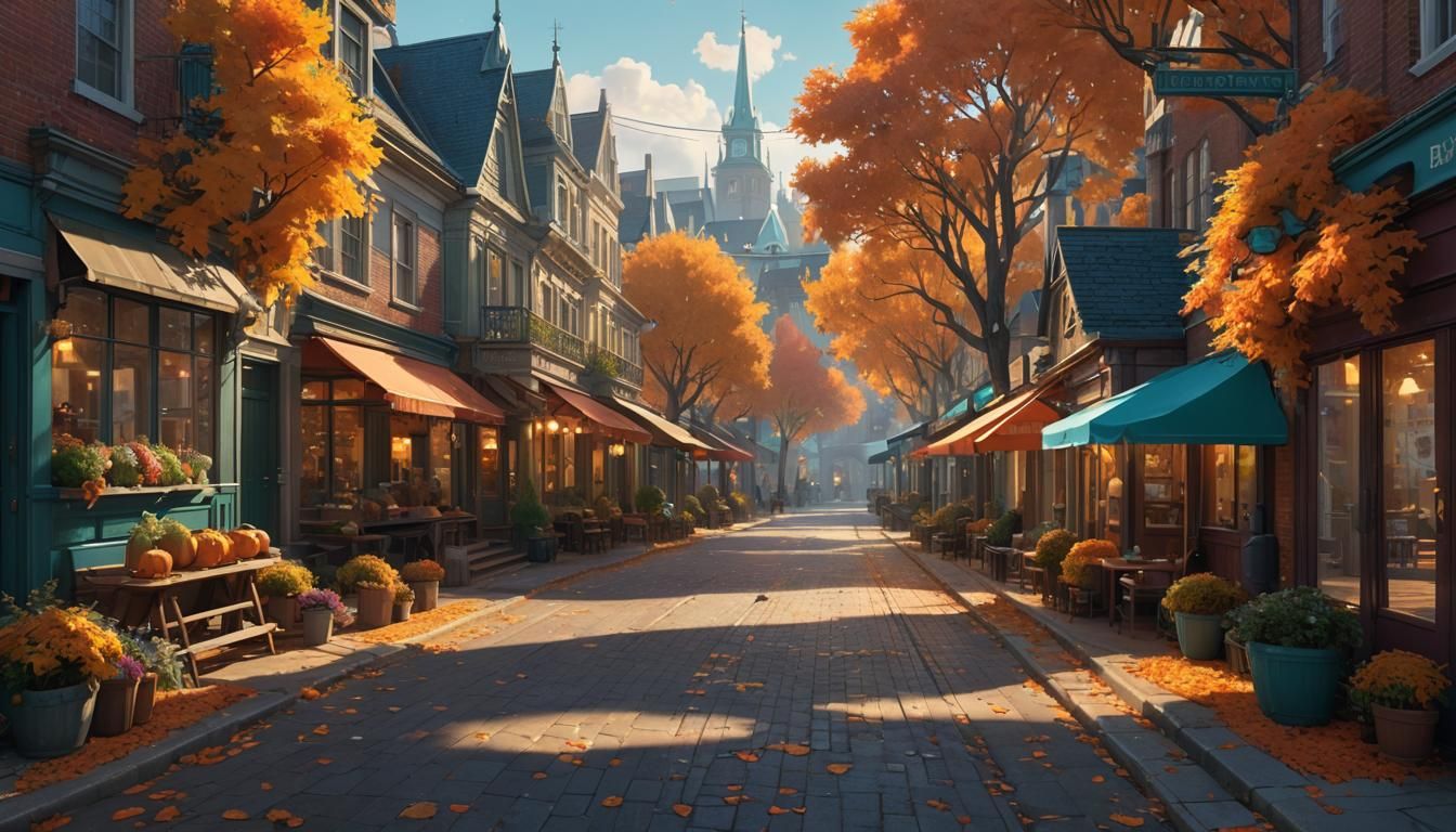 Autumnal Town Street in Morning Light, Concept Art