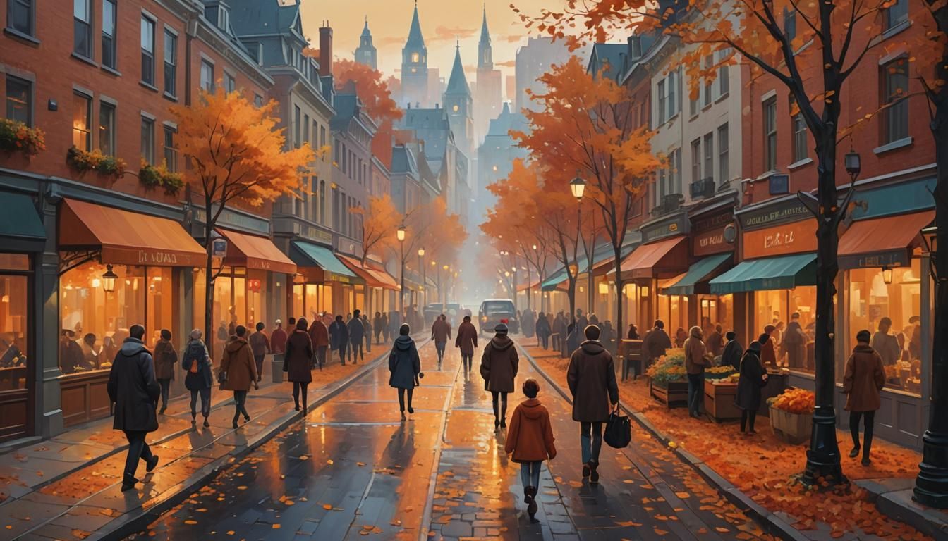 Autumnal Town Street Scene in Vibrant Oil Painting