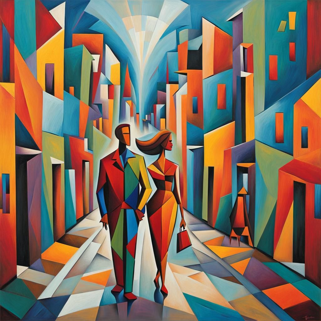 Cubist Painting of People on a Vibrant Street