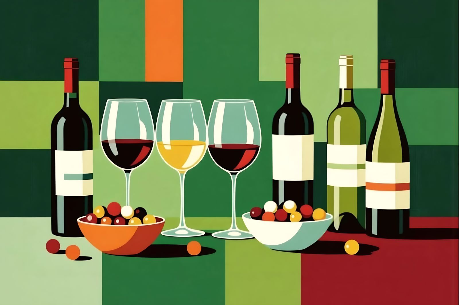 Acrylic Vector Art of Wine Glasses, Bottles, and Nuts