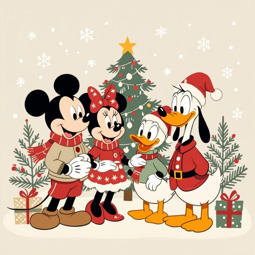 Disney Characters Christmas Cozy Scandinavian Art Style
