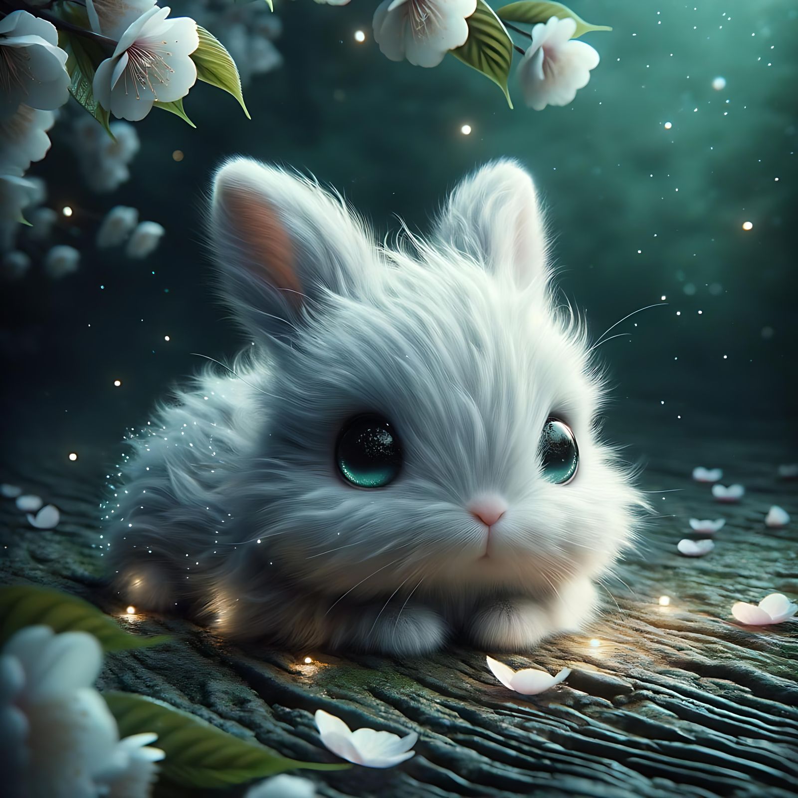 Adorable White Rabbit with Fireflies, Digital Art