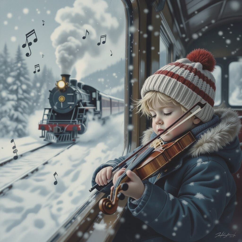 Boy Plays Violin on Snowy Train Journey