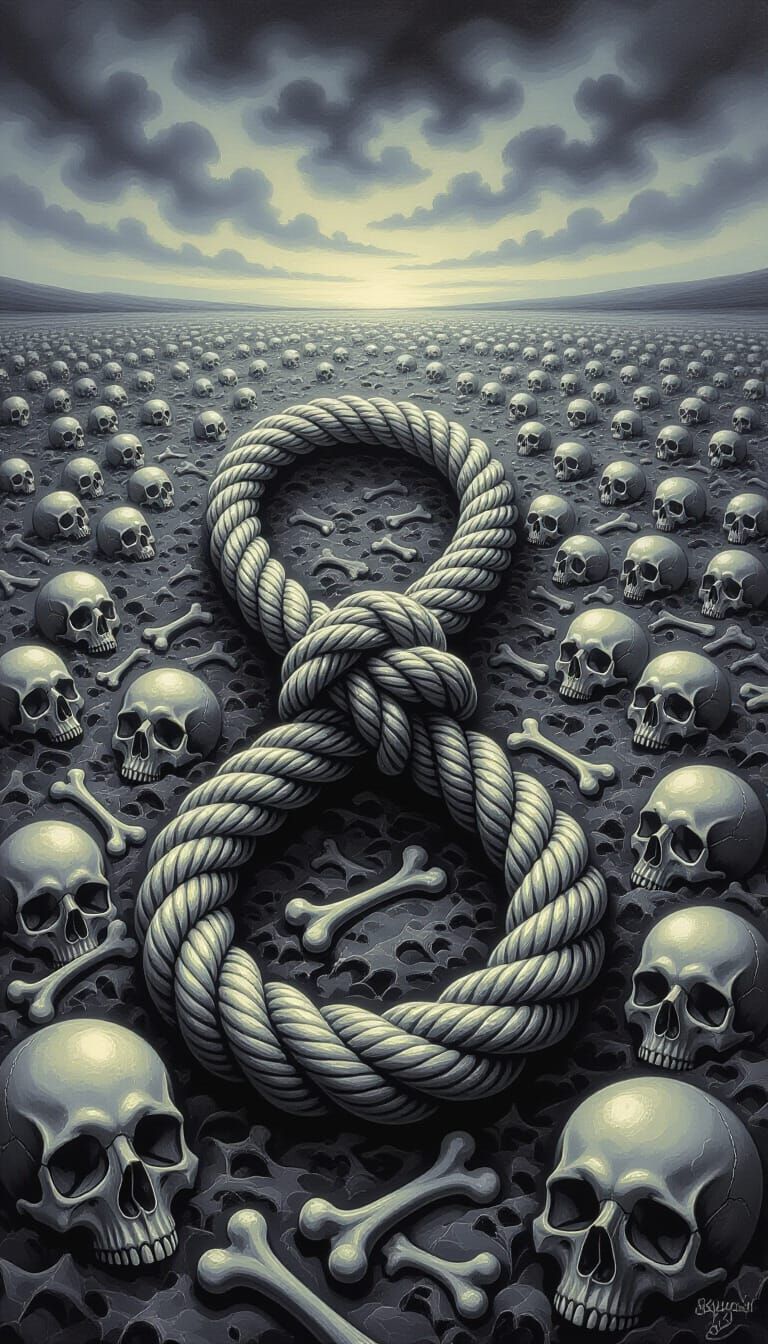 Tightly Knotted Rope Among Skulls in Gothic Style