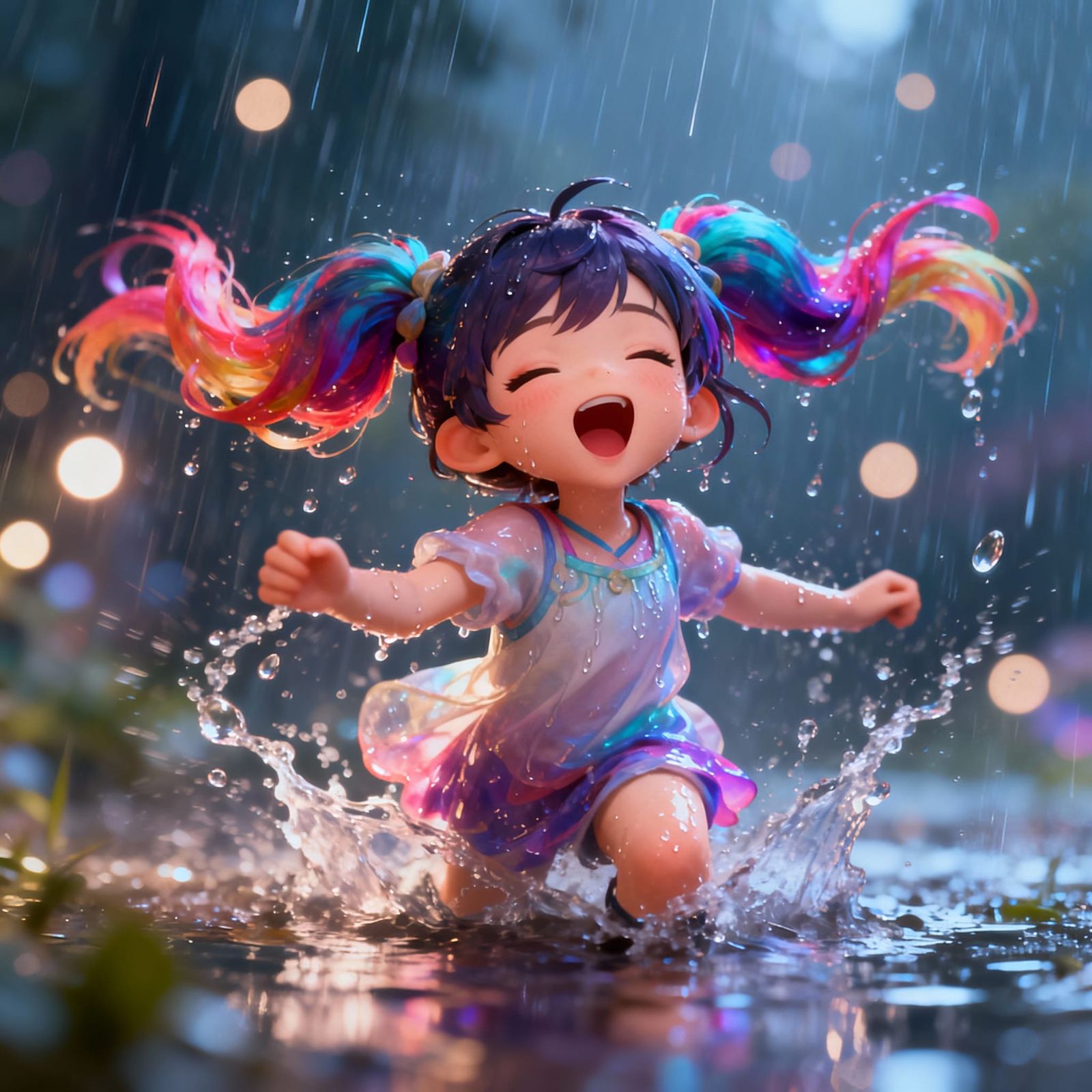 Anime Girl Singing Joyfully in Rain
