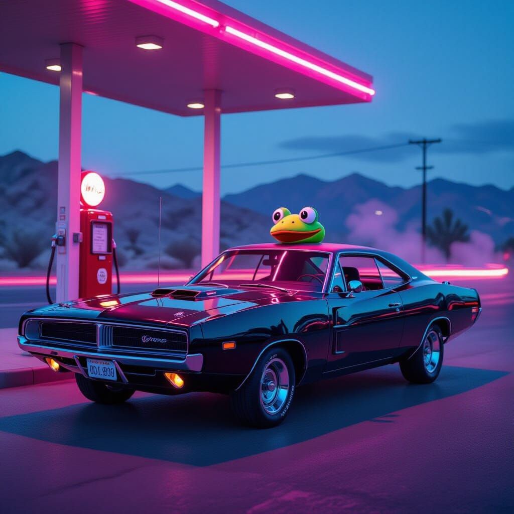 1971 Dodge Charger Under Neon Lights, Retro Gas Station Scen...