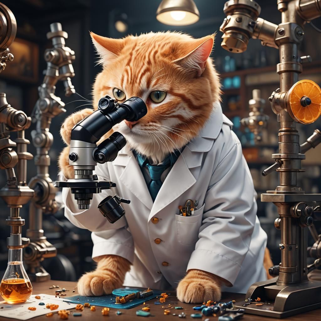 Orange Cat Detective Inspecting Evidence Under Microscope