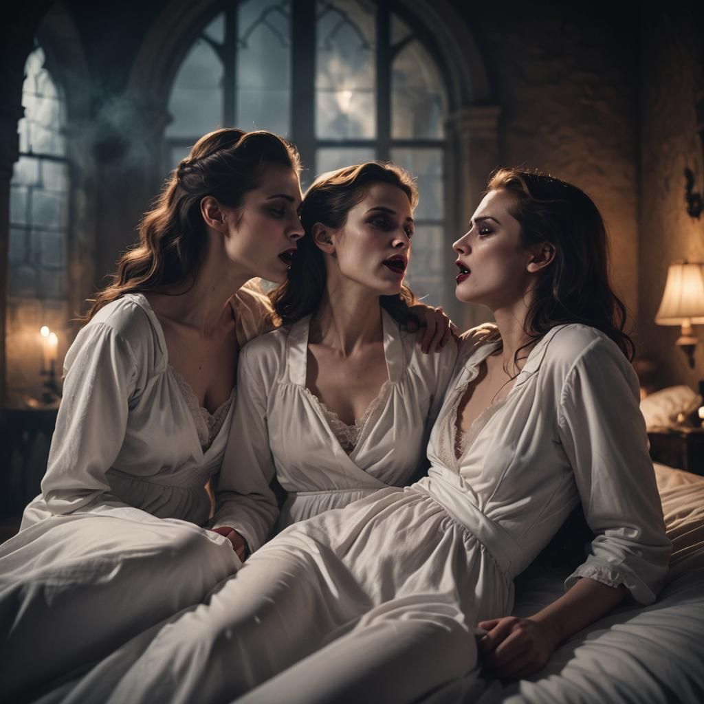 Three Female Vampires Kissing Victim: Cinematic Film Still