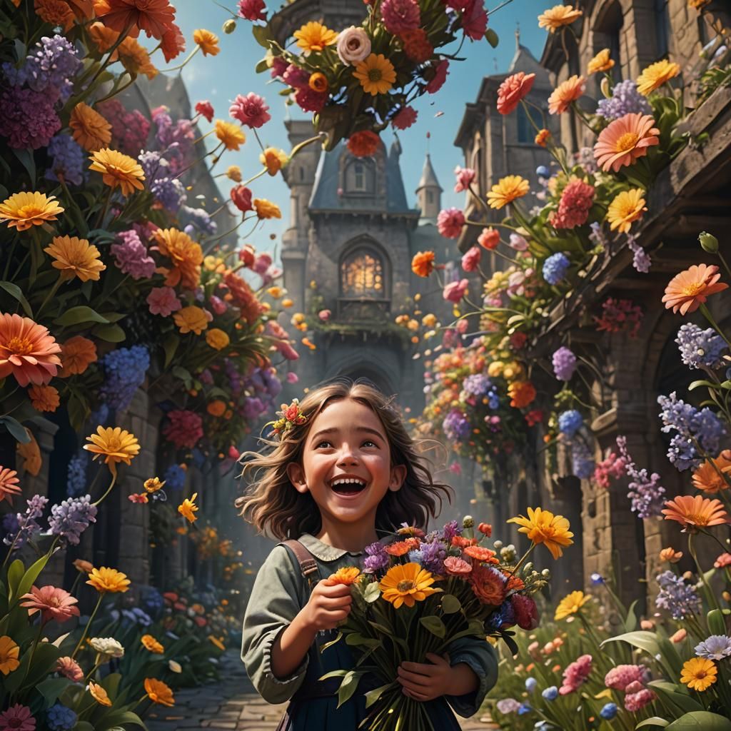 Excited Girl Holding Flowers in Detailed Matte Painting