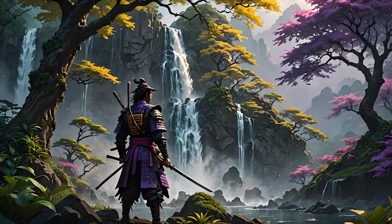 Samurai, Waterfall, and Katana: Dark Fantasy Concept Art