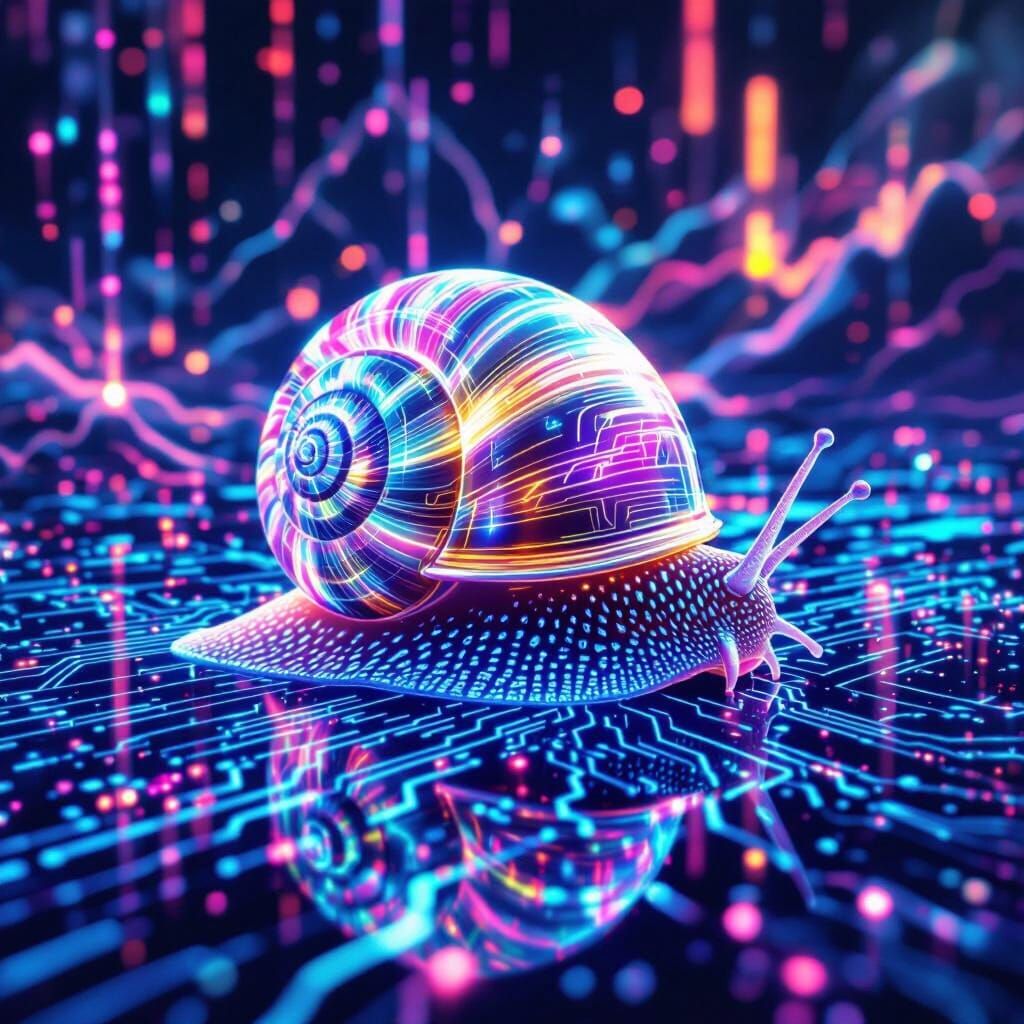 Imagine a bioluminescent snail, its shell adorned with intricate, glowing patterns, slowly traversing a digital landscap...