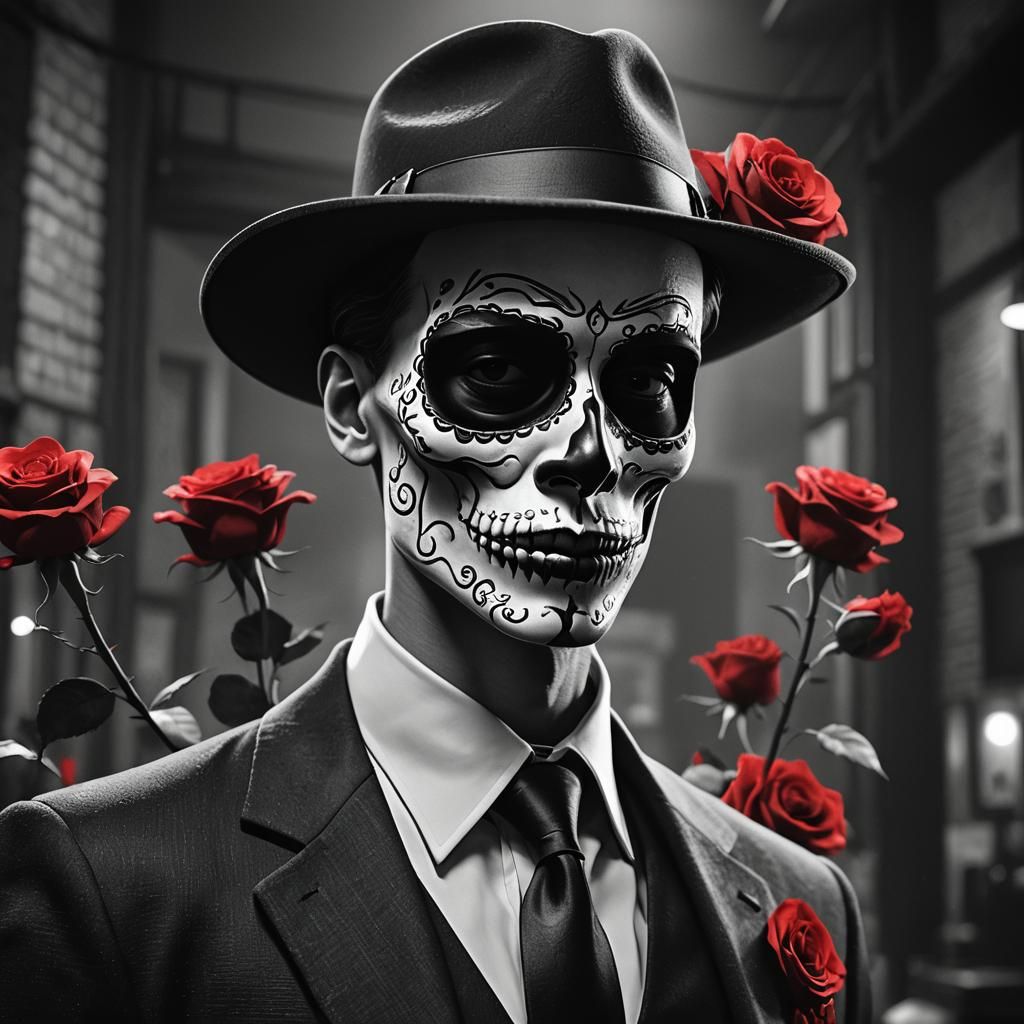 Sugar Skull Gangster in Film Noir Style
