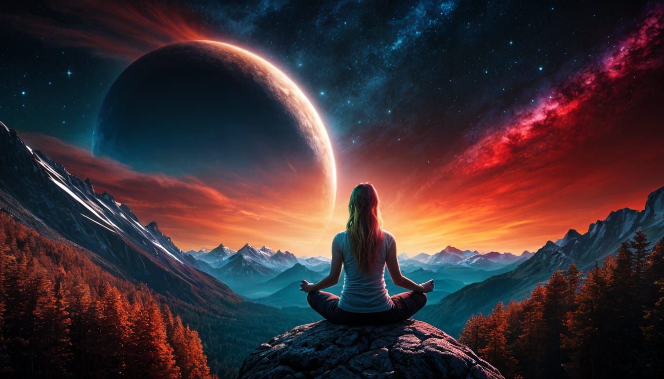 Meditating Woman Under Lunar Eclipse and Aurora