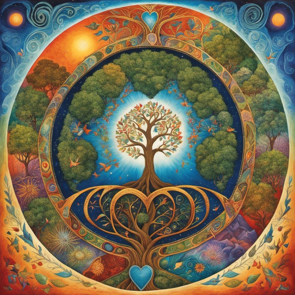 Tree of Life with Doves in Art Brut Style