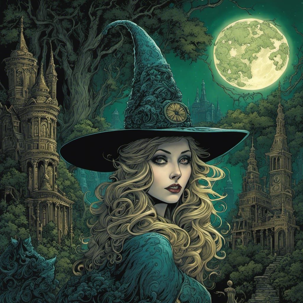 High Gothic Tim Burton Witch Under Blue Moon