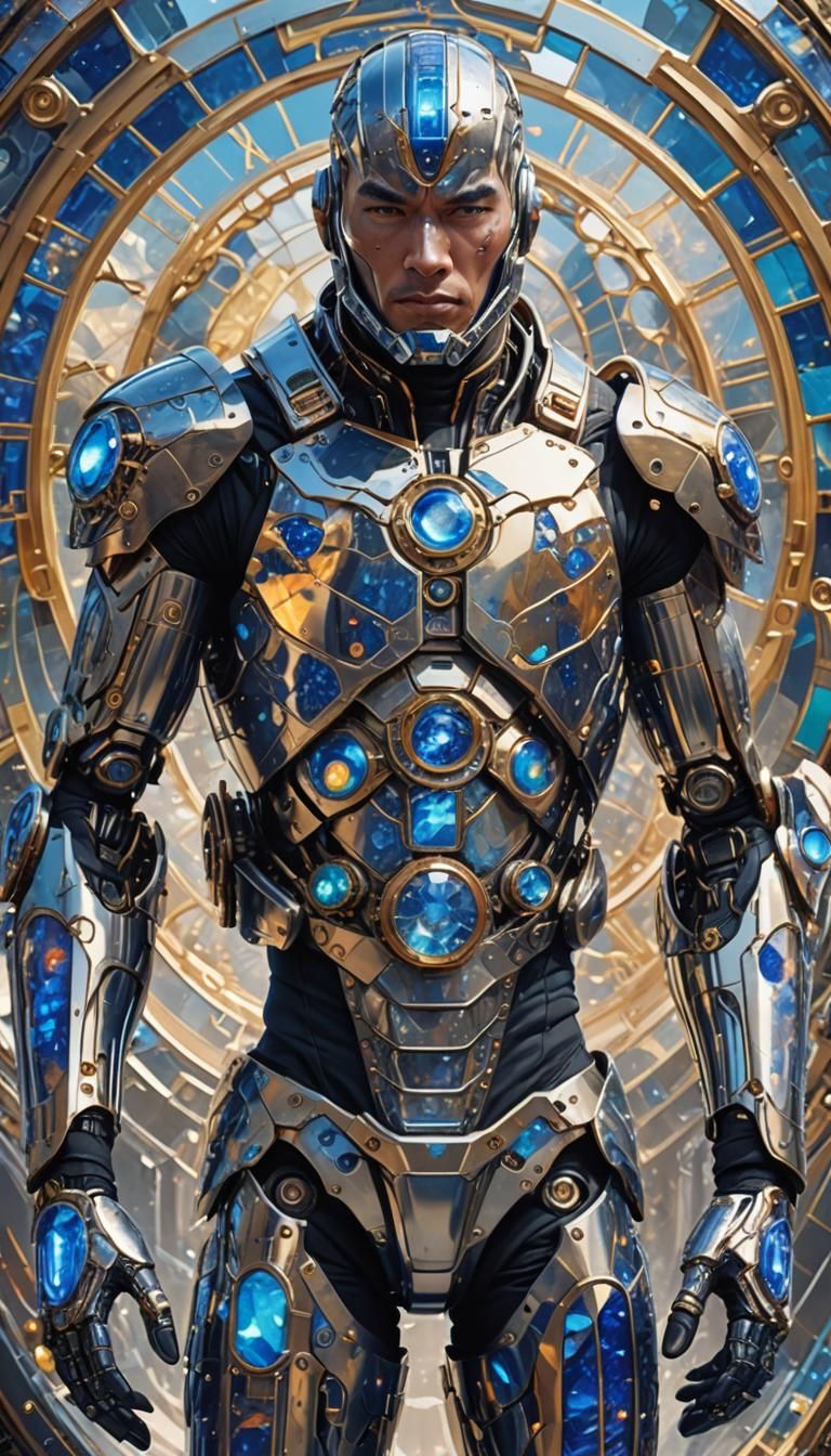 Cyborg with synthetic sapphire skin, hands positioned as a c...