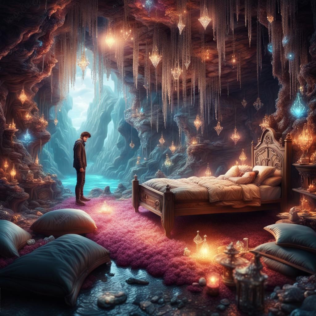 Sparkling Crystal Cave Treasure with Sleeping Man