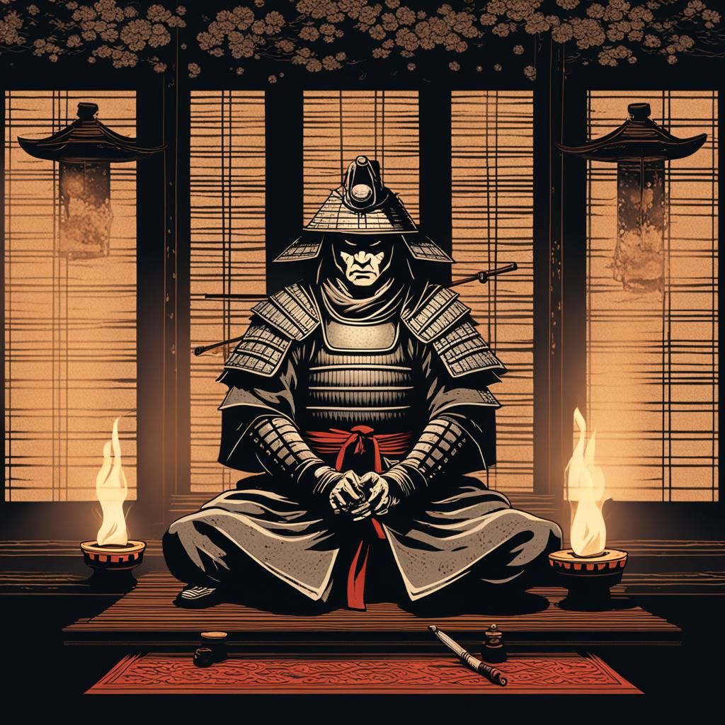 Samurai Meditating in Candlelit Temple