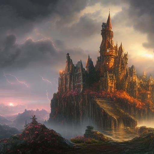 Ornate Castle in Rocky Landscape at Sunset