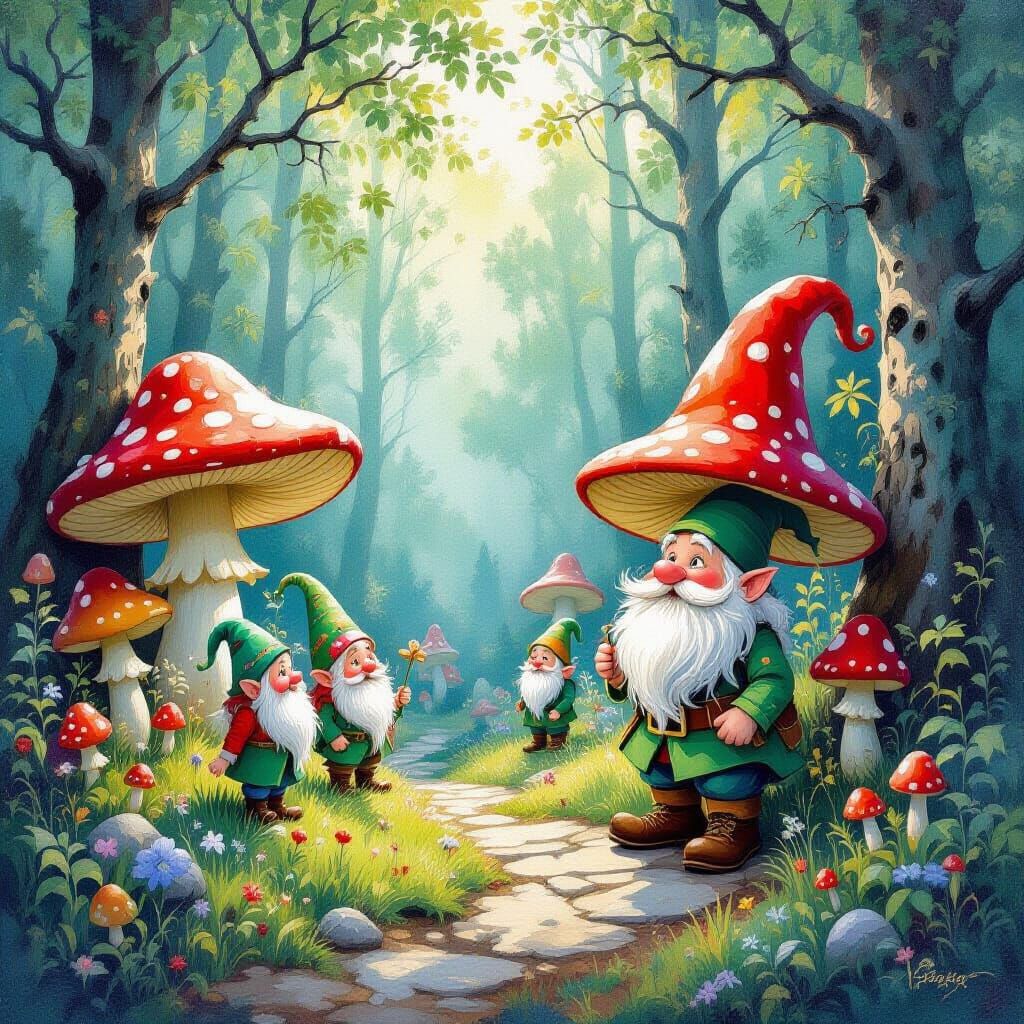 Enchanted Forest With Gnomes: Gouache Impressionist Style