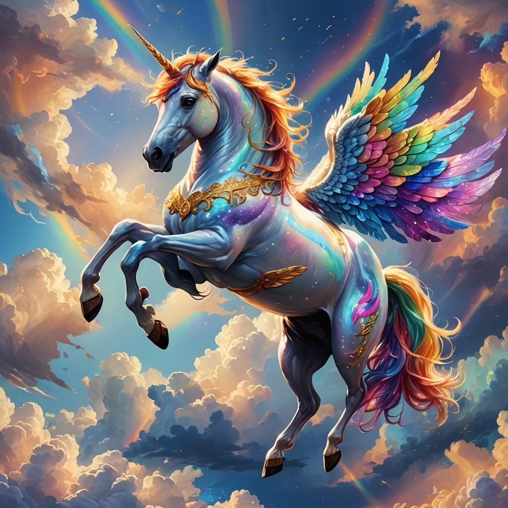 Rainbow Unicorn in Cloudy Sky, Digital Painting