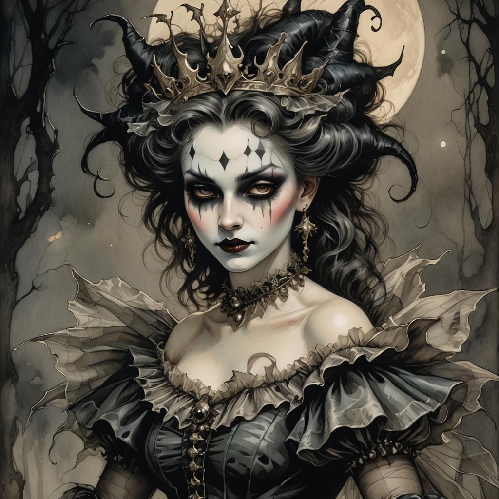 Whimsical Gothic Jester Girl in Dark Fantasy Style