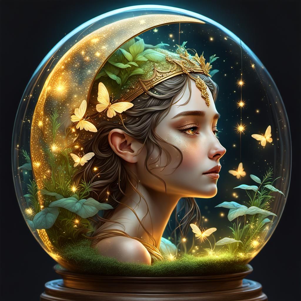 Fairy in Golden Moon Terrarium: Fantasy Concept Art